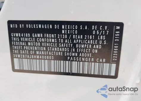 2017 Volkswagen Jetta 1.4T S from USA, damaged, VIN 3VW2B7AJ8HM400803